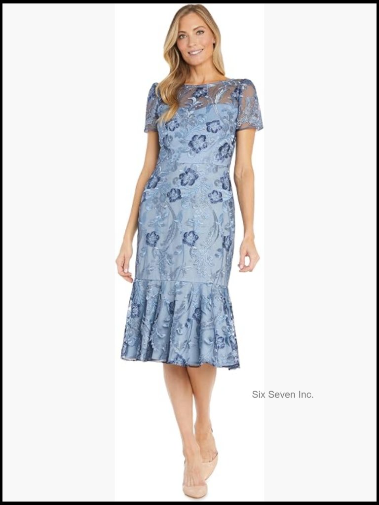 Embroidered Mesh Midi Dress With Flounce Hem & Short Sleeves